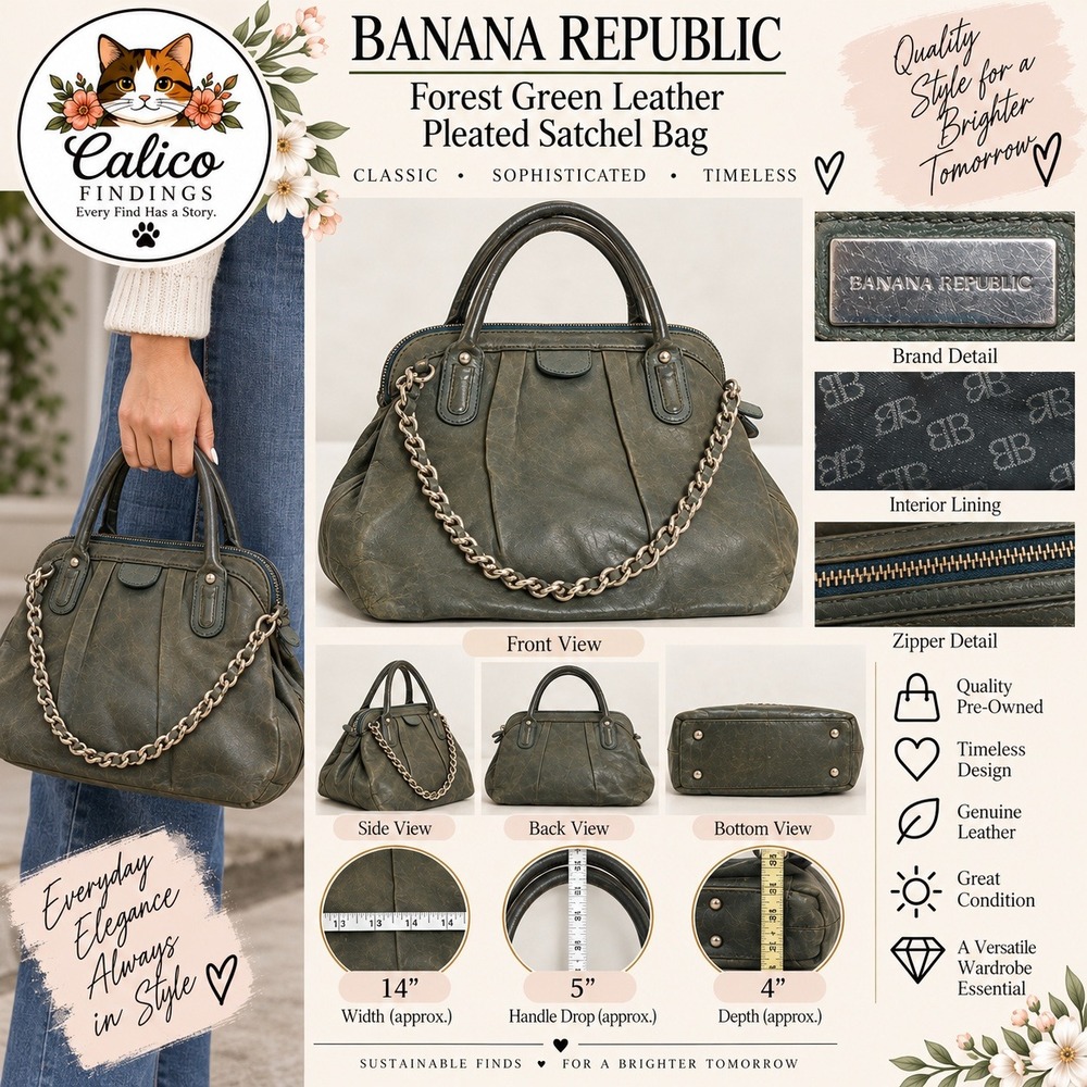 Banana Republic Forest Green Leather Pleated Satchel Bag Silver Chain Detail